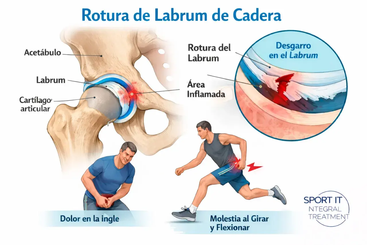 Ilustración de una rotura del labrum de cadera, mostrando dolor al girar y flexionar.