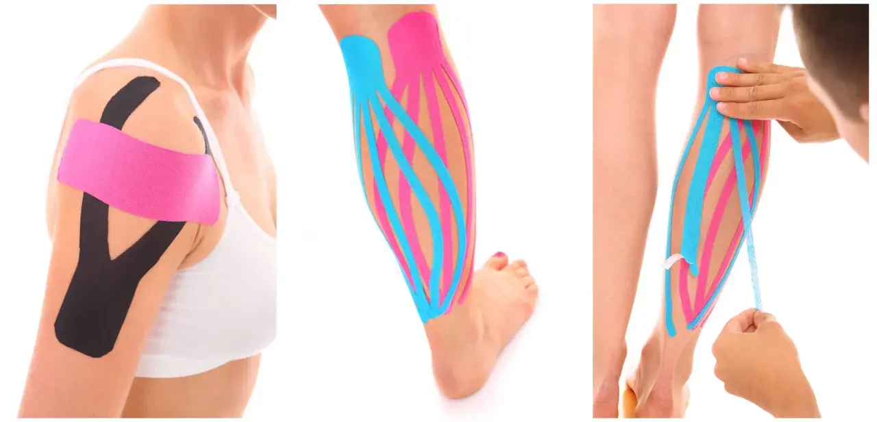 Aplicación de vendas kinesiologicas en hombro y pierna para soporte y recuperación muscular.