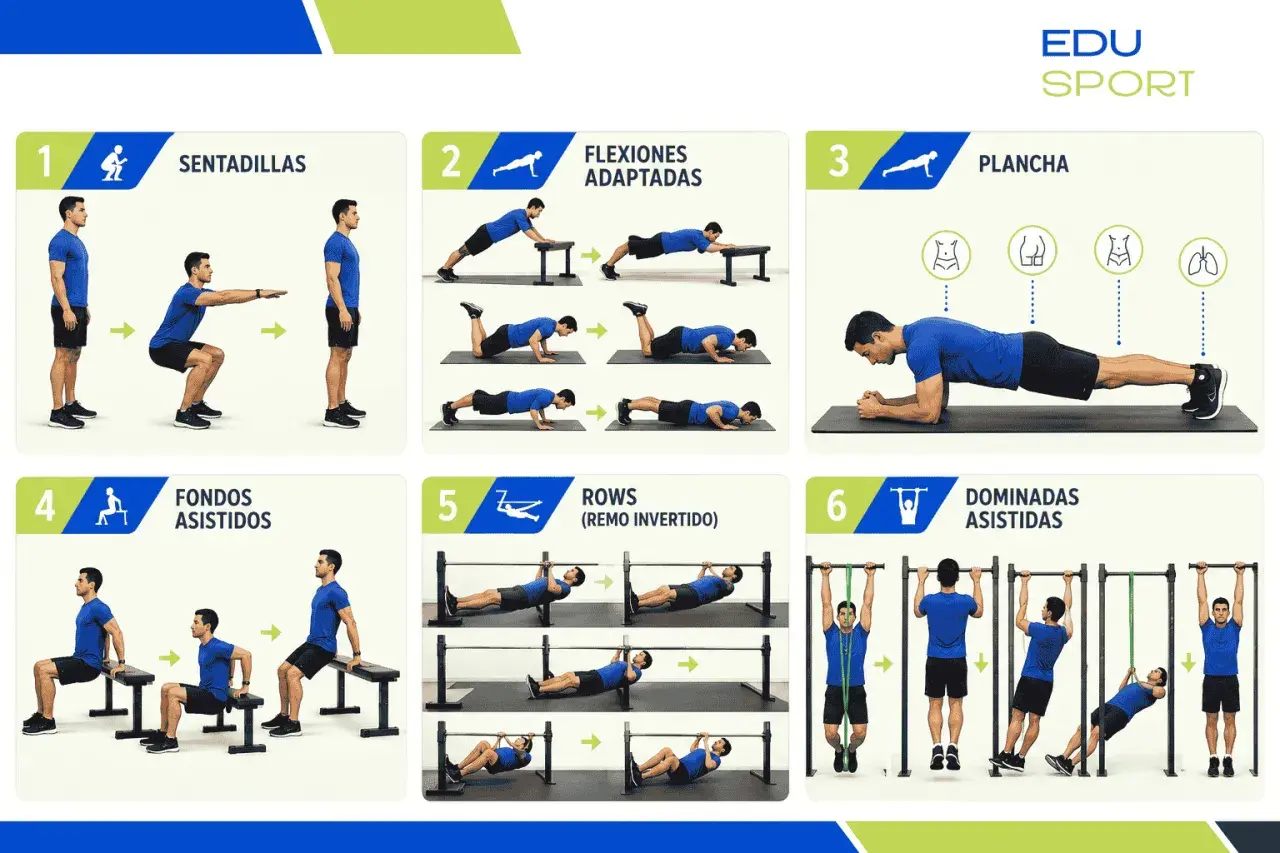 Rutina de calistenia que es: sentadillas, flexiones adaptadas, plancha, fondos asistidos, remo invertido y dominadas asistidas.