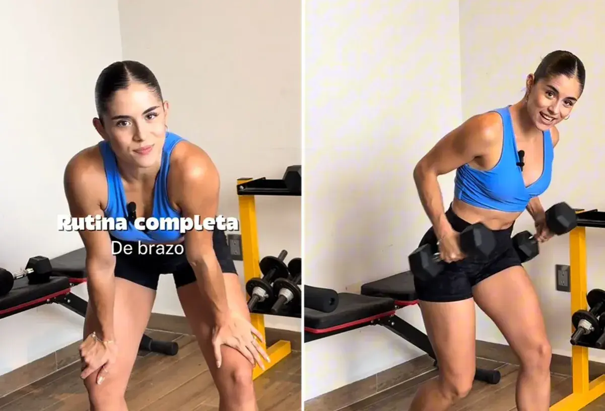 Mujer realizando ejercicios para fortalecer los brazos con mancuernas.
