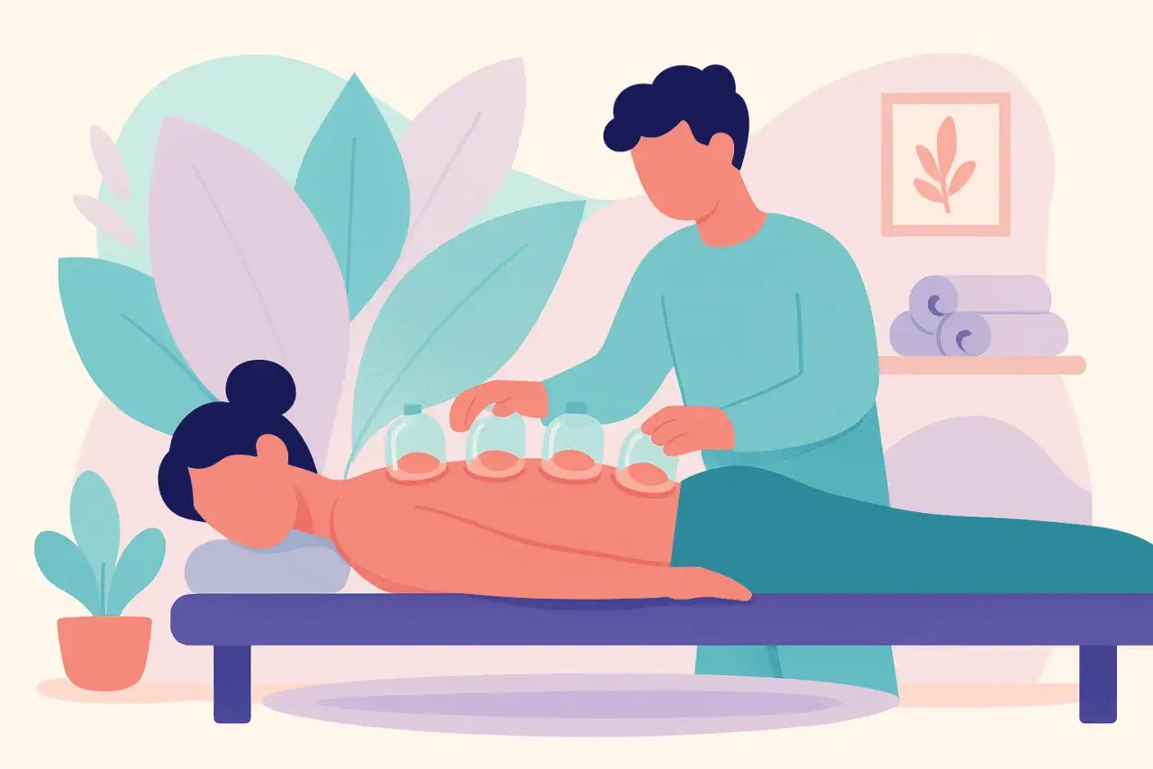 Terapeuta aplica ventosas en la espalda de una persona. Un masaje con ventosas para aliviar la tensión.