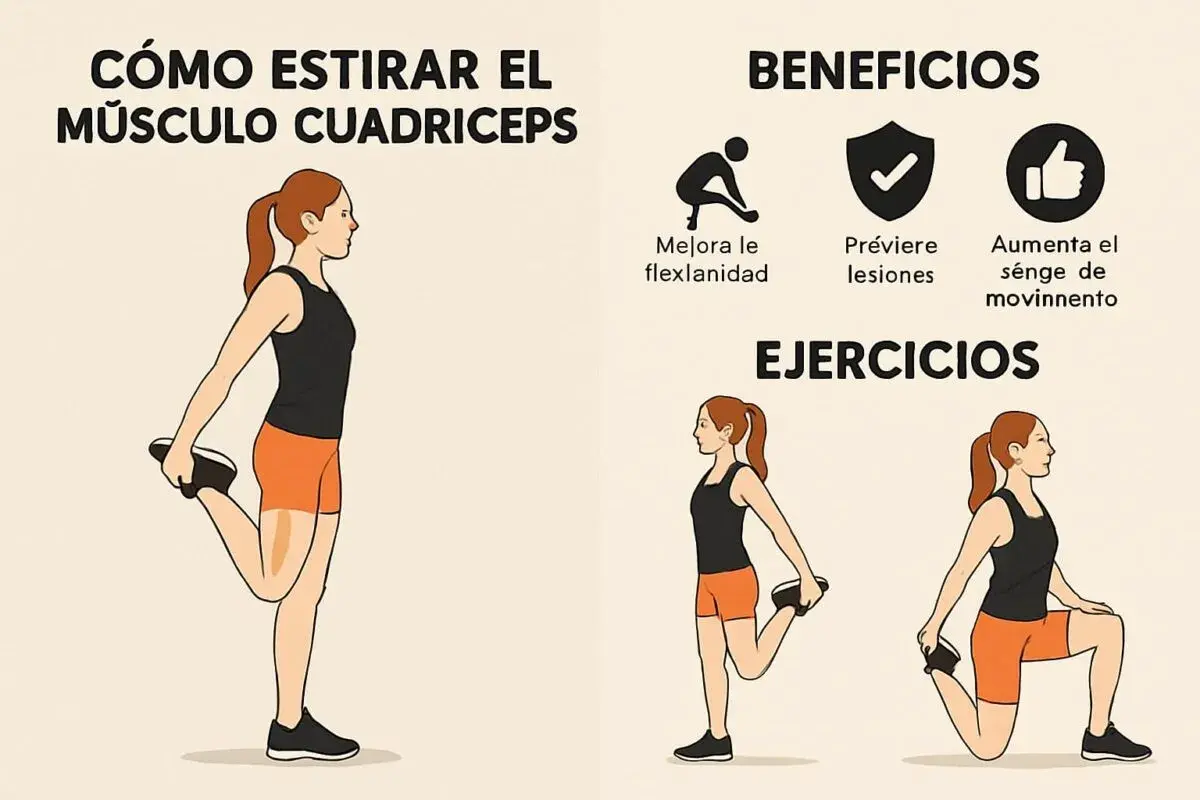 Ilustración muestra cómo estirar los músculos cuádriceps. Incluye beneficios como mejorar flexibilidad y prevenir lesiones.