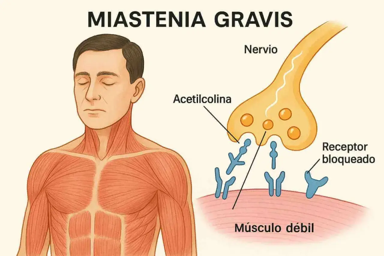 Ilustración de miastenia gravis: un hombre con músculos marcados y una sinapsis nerviosa donde la acetilcolina no puede unirse a receptores bloqueados, causando músculo débil.