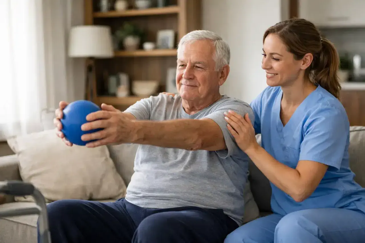 Terapeuta ayuda a un hombre mayor con fisioterapia domiciliaria, usando una pelota azul para ejercicios de brazos.