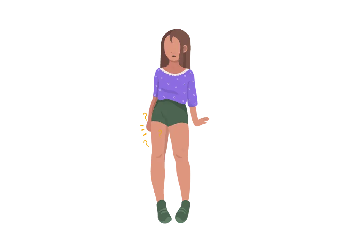 Mujer con shorts verdes y blusa morada, con signos de interrogación amarillos en el muslo derecho, sugiriendo meralgia parestésica.