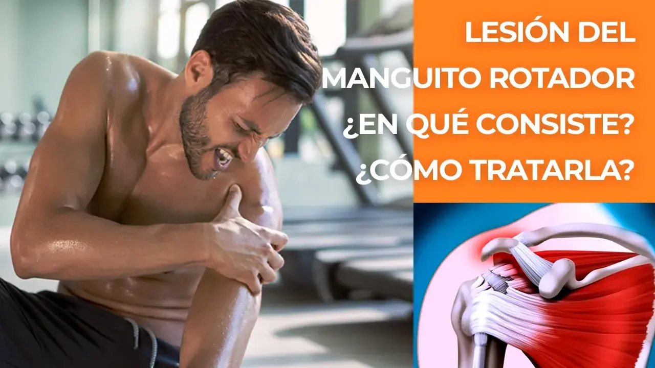 Hombre con dolor de hombro, indicando una lesión del manguito rotador. Ilustración anatómica del hombro.