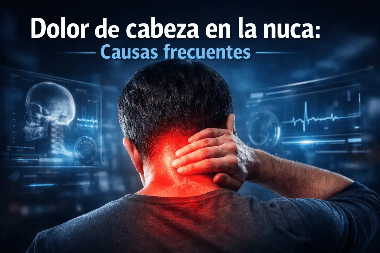 Hombre con mano en la nuca, sintiendo dolor. Pantallas médicas muestran un cráneo y un electrocardiograma.