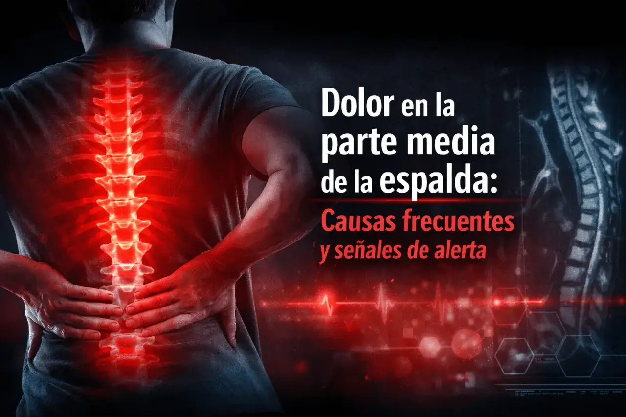Hombre con dolor de espalda media, resaltando la columna vertebral en rojo. Se discuten los s&iacute;ntomas de dorsalgia, sus causas y se&ntilde;ales de alerta.