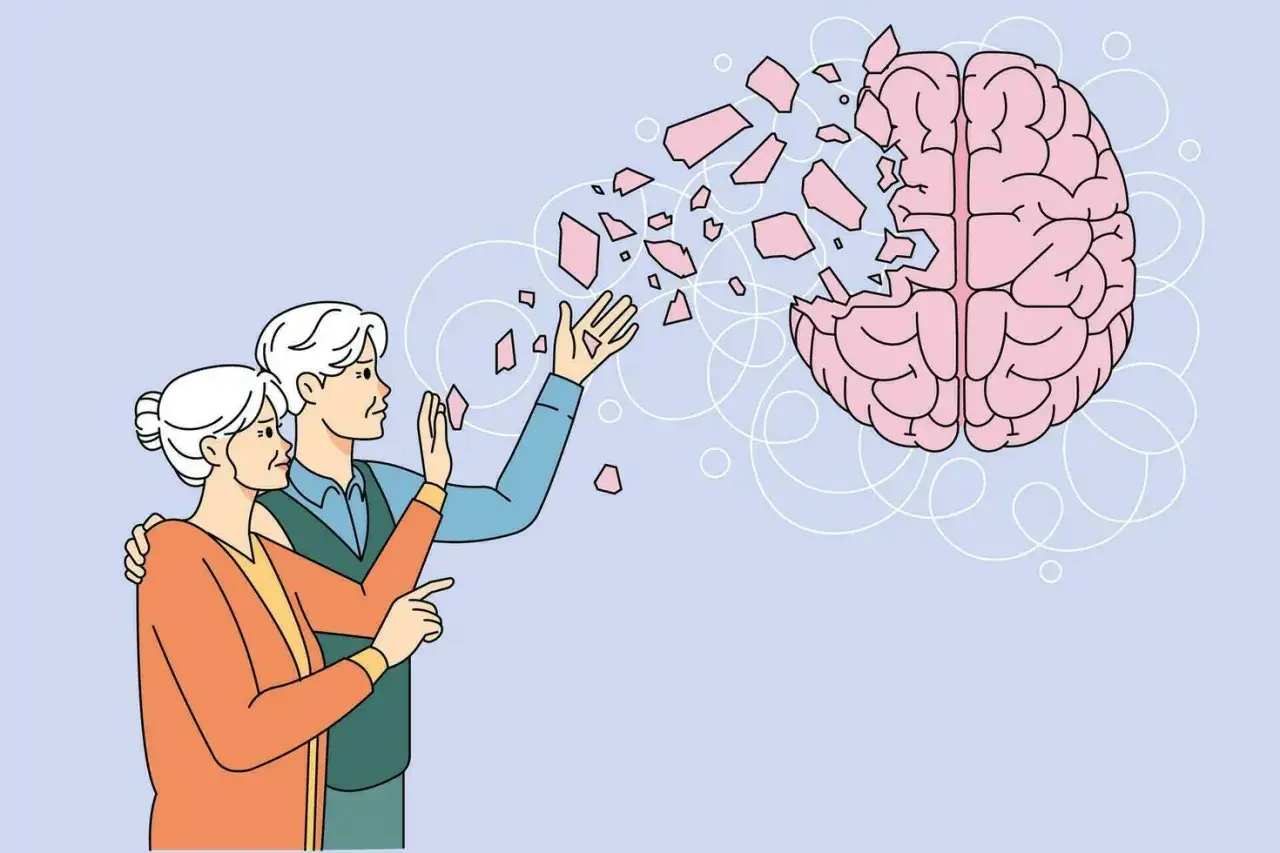 Pareja mayor observa con preocupaci&oacute;n c&oacute;mo un cerebro se desmorona, simbolizando el deterioro cognitivo y la p&eacute;rdida de memoria.