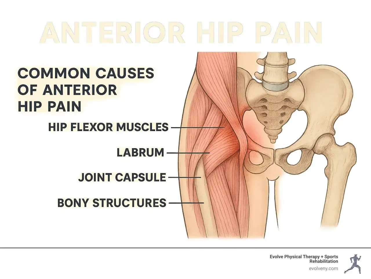 Ilustración de la anatomía de la cadera, mostrando el labrum como causa de dolor anterior.