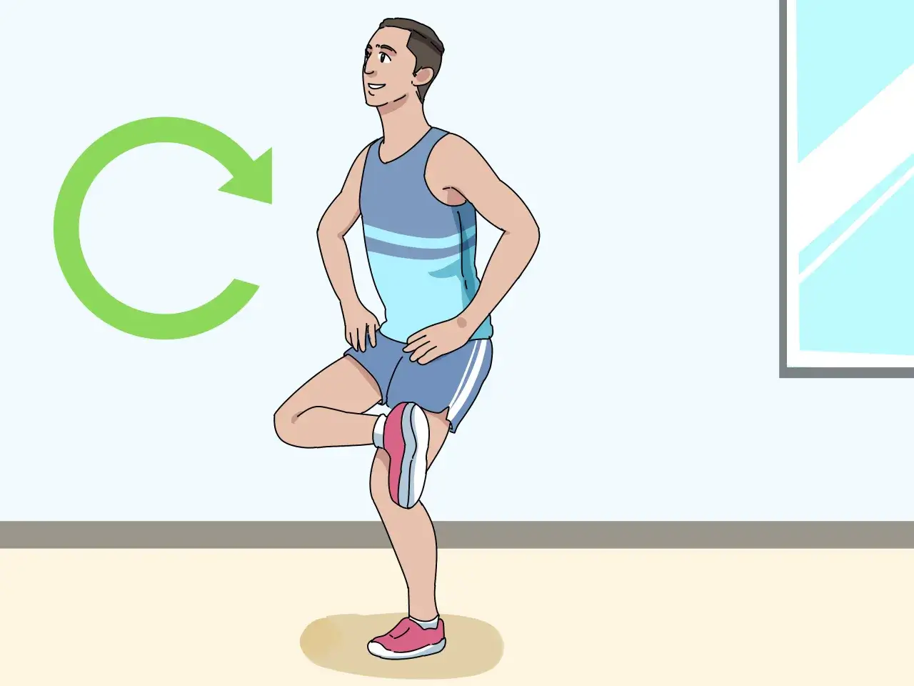 Hombre realizando un estiramiento piramidal de pie, con una pierna flexionada y el pie apoyado en la rodilla opuesta. Flecha verde indica movimiento circular.