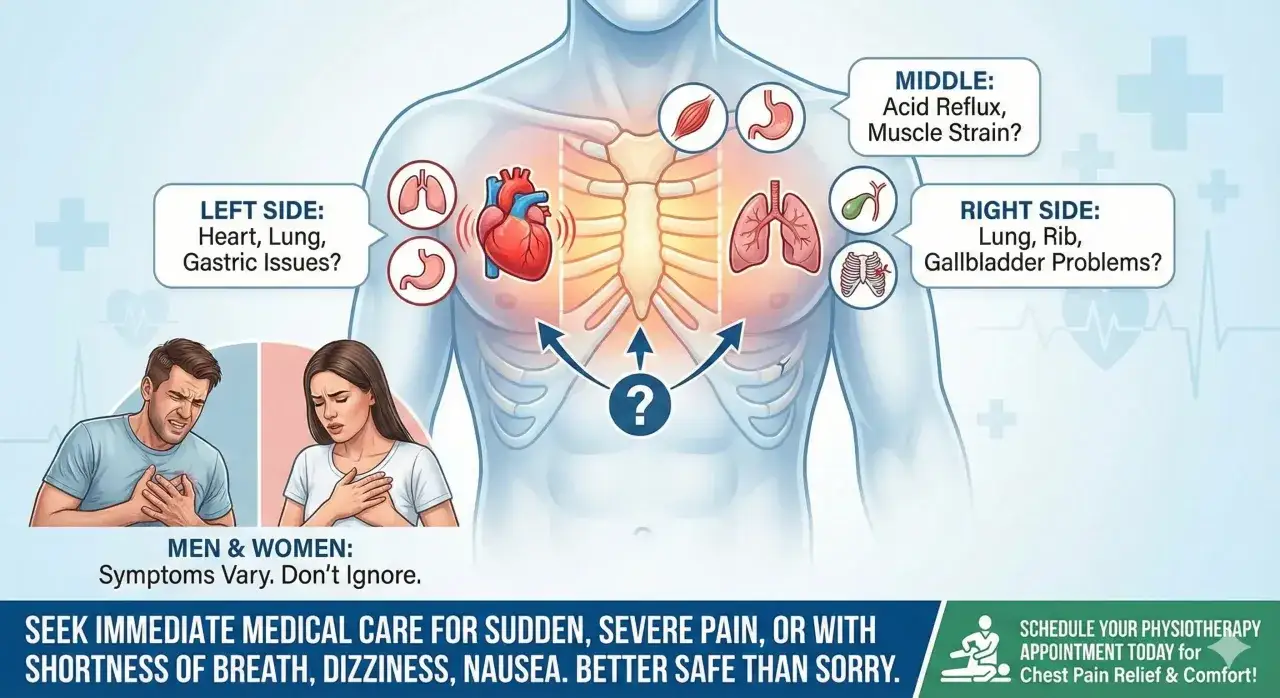 Ilustraci&oacute;n de anatom&iacute;a tor&aacute;cica y personas con dolor en el pecho. El dolor muscular en el pecho izquierdo de una mujer puede ser un s&iacute;ntoma.