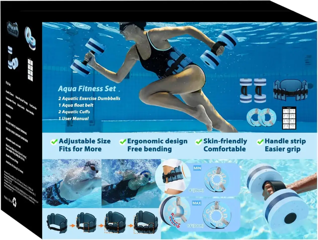 Entrena en el agua con este set de aquafitness que incluye mancuernas, cintur&oacute;n y tobilleras. &iexcl;Ideal para un ejercicio completo y seguro!