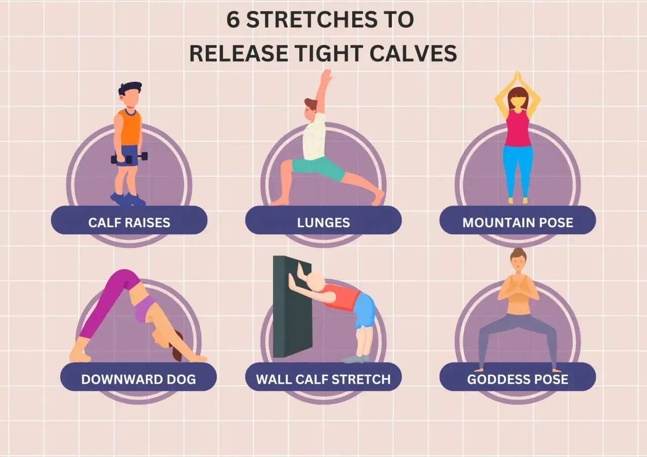 Seis estiramientos para liberar gemelos tensos: elevaci&oacute;n de talones, zancadas, postura de monta&ntilde;a, perro boca abajo, estiramiento de gemelos en pared y postura de diosa. &iexcl;Adi&oacute;s al dolor porque se sube el gemelo!