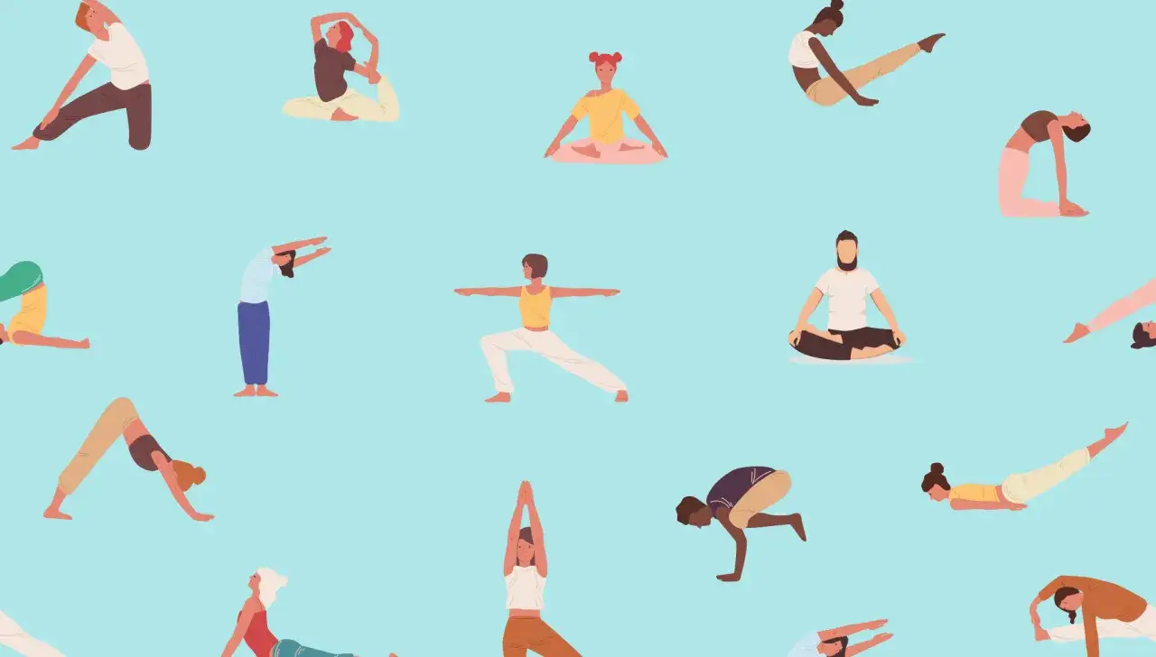 Varias personas realizan estiramientos de espalda y yoga en un fondo azul claro.
