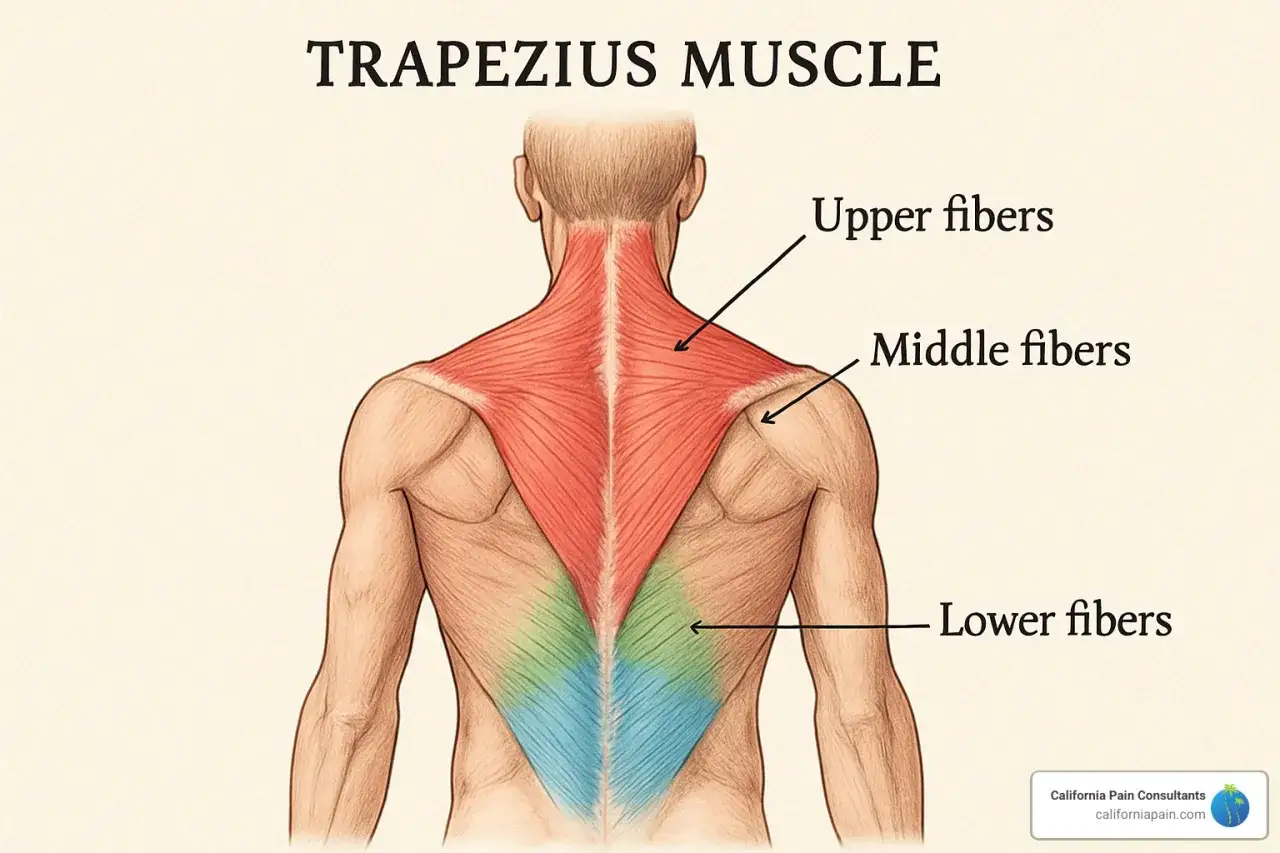 Anatomía del trapecio, mostrando los músculos de la espalda alta en rojo, verde y azul, con etiquetas para las fibras superiores, medias e inferiores.