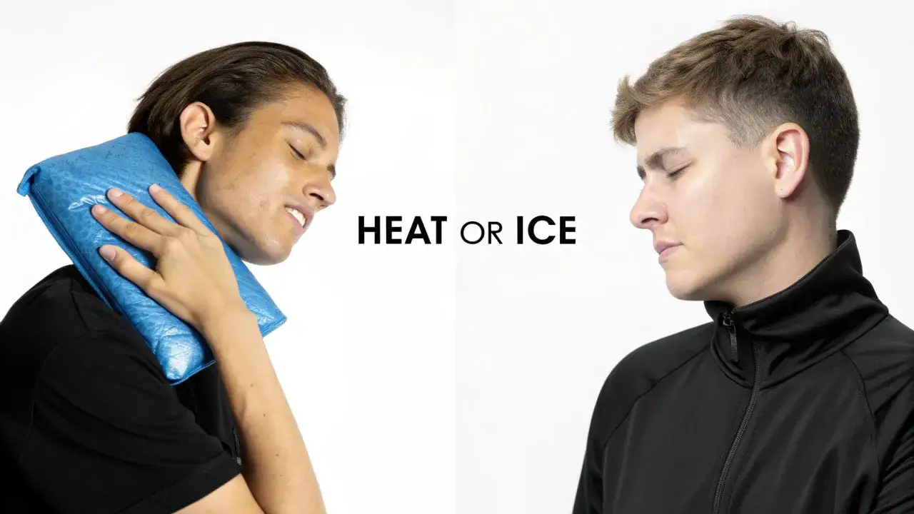 Joven con tort&iacute;colis aplica compresa fr&iacute;a en el cuello. &iquest;Calor o fr&iacute;o para aliviar el dolor?